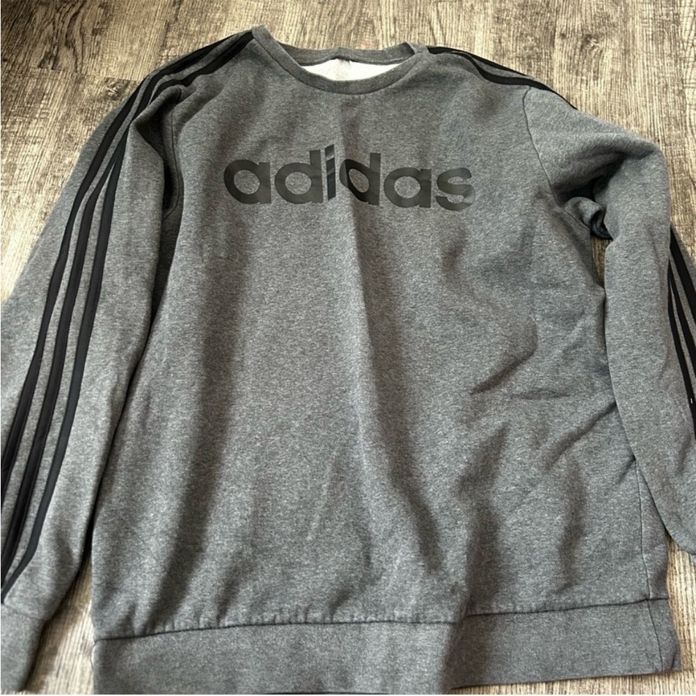 Adidas Women's Gray Crewneck Sweater with Black Stripes